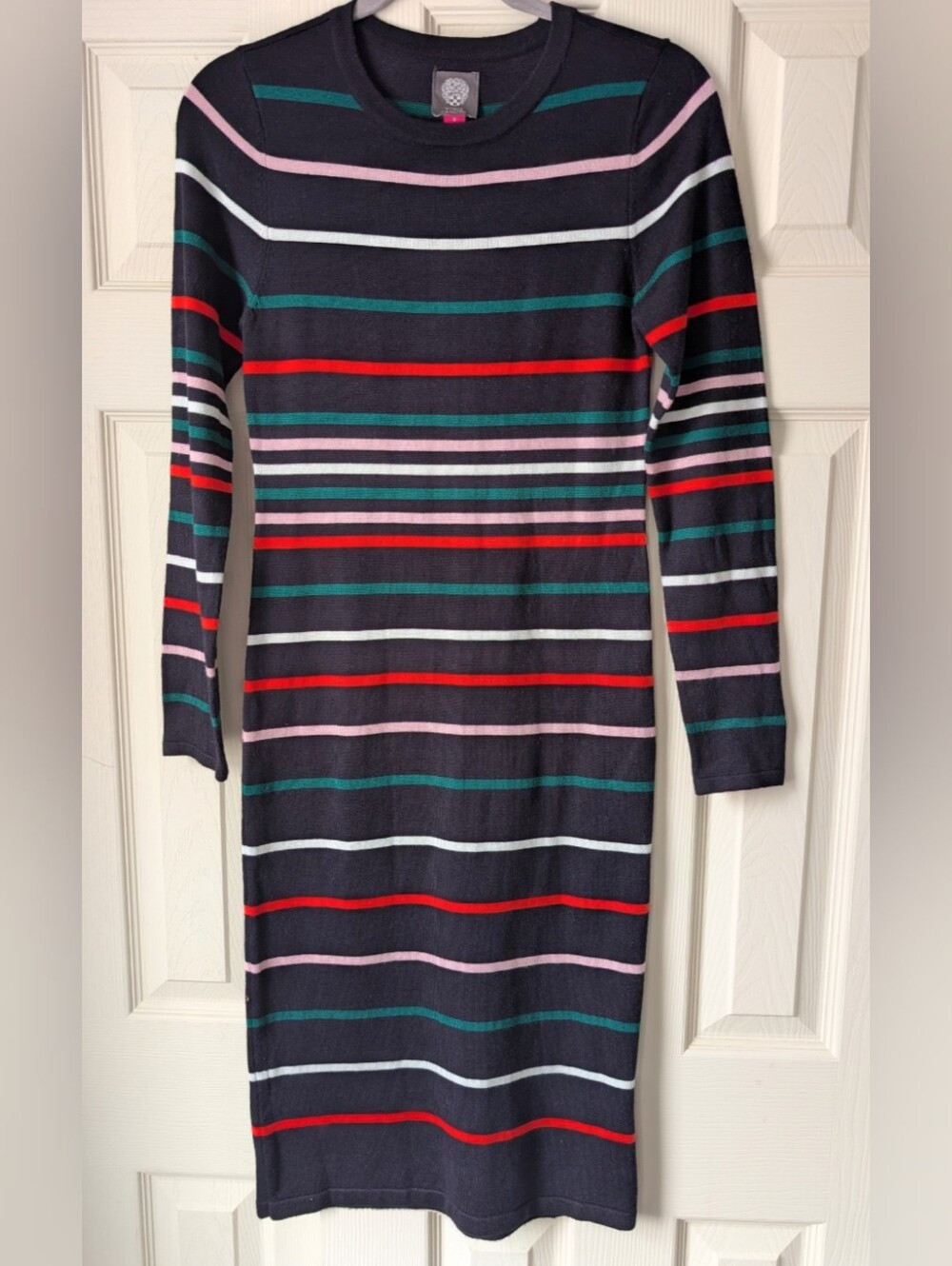 Vince Camuto Striped Navy Knit Midi Dress with Multicolor Bands, Sz. S